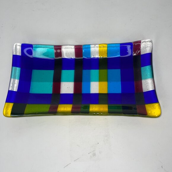 Fused Art Glass Trinket Tray Blue Yellow Check Design 7.5" X 4" - Picture 1 of 8